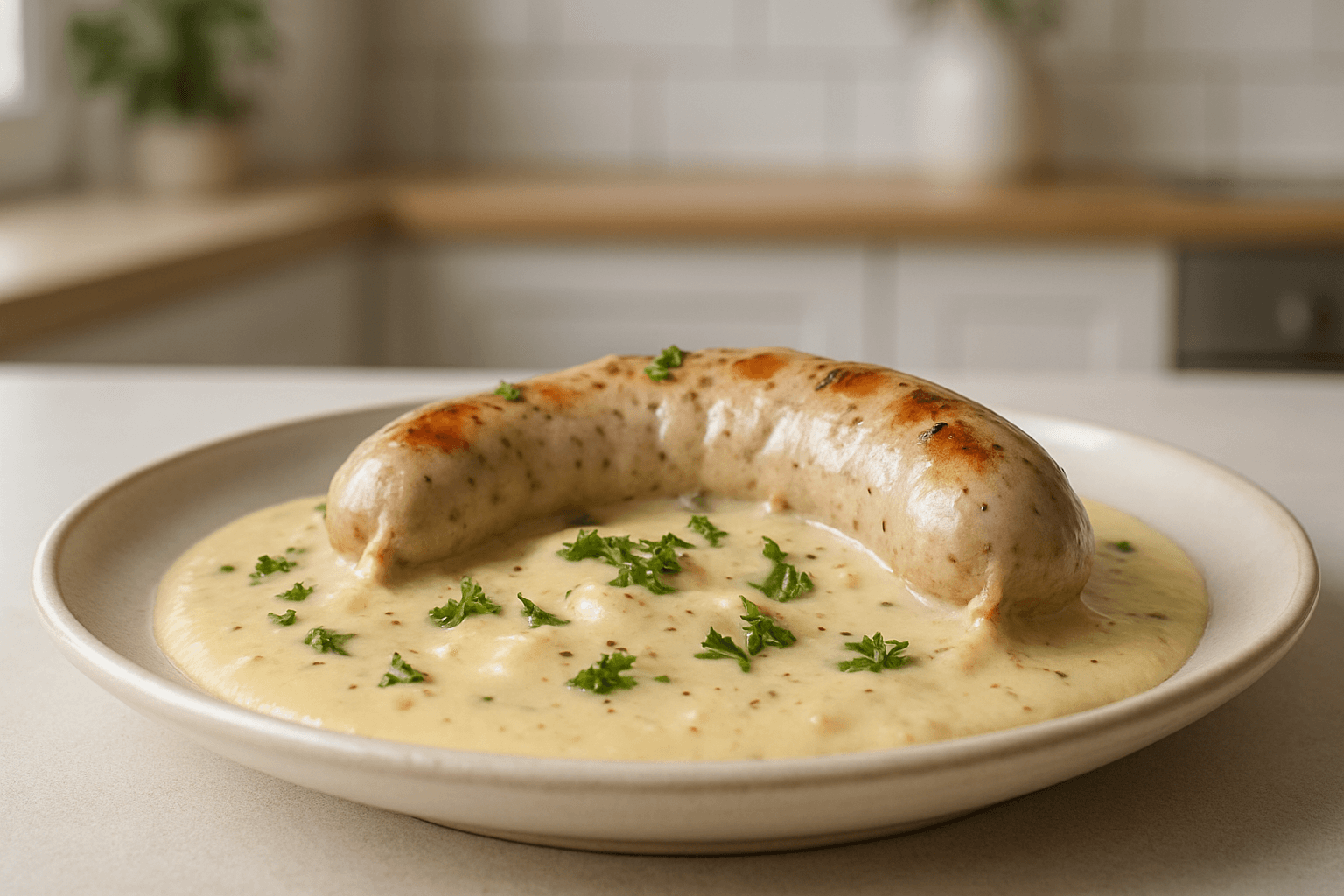 kiełbasa biała zapiekana w sosie chrzanowym